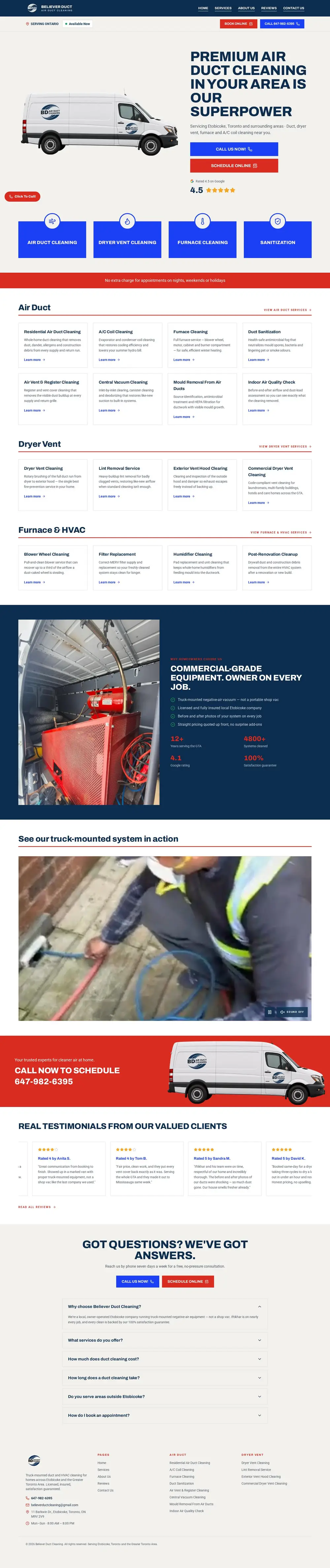 Full-page screenshot of the Believer Duct Cleaning website on desktop
