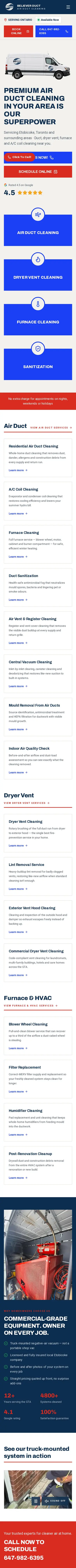 Full-page screenshot of the Believer Duct Cleaning website on a phone